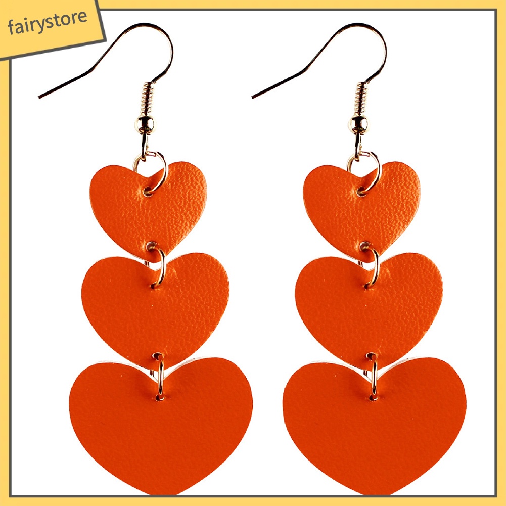 [FRO] Bông Tai Móc Treo 3 Lớp Hình Trái Tim Bằng Da Giả Làm Quà Tặng Valentine Cho