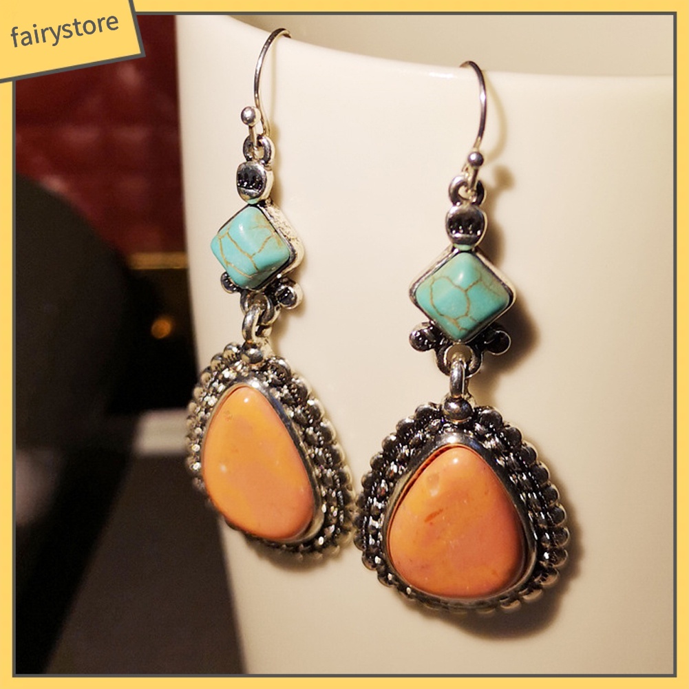 Bông Tai Đính Đá Ngọc Lam Giả Hình Giọt Nước Phong Cách Vintage Dành Cho Nữ