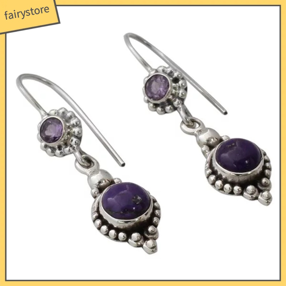 Khuyên Tai Dạng Móc Đính Đá Thạch Anh Tím Nhân Tạo Thời Trang