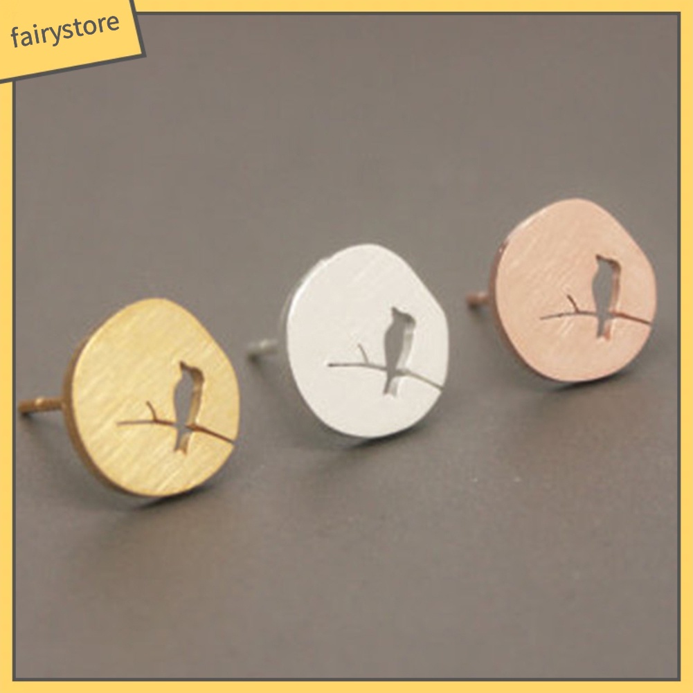 Bông Tai Mạ Bạc Hình Cành Cây / Chú Chim Rỗng Phong Cách Vintage