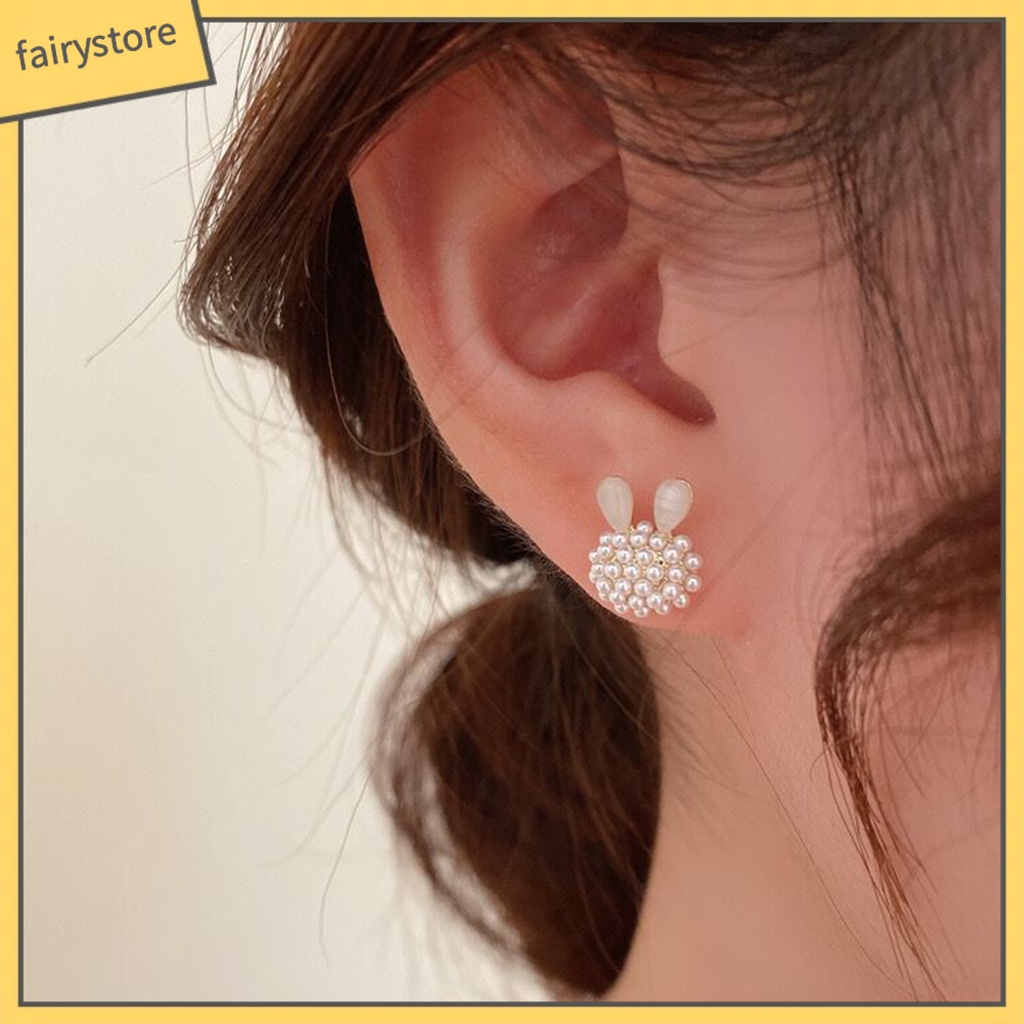 1 Đôi Bông Tai Hình Thỏ Đính Ngọc Trai Giả Thời Trang