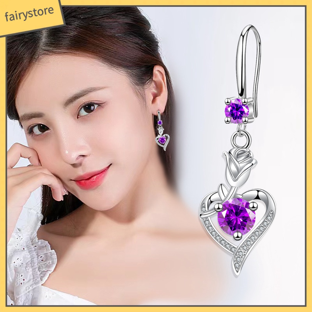 1 Đôi Bông Tai Tròn Đính Đá Zircon Hình Hoa Hồng Không Gây Dị Ứng Thời Trang