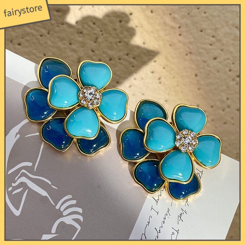 1 Đôi Bông Tai Hình Học Tráng Men Ba Chiều Hình Hoa Màu Xanh Dương Phong Cách Retro