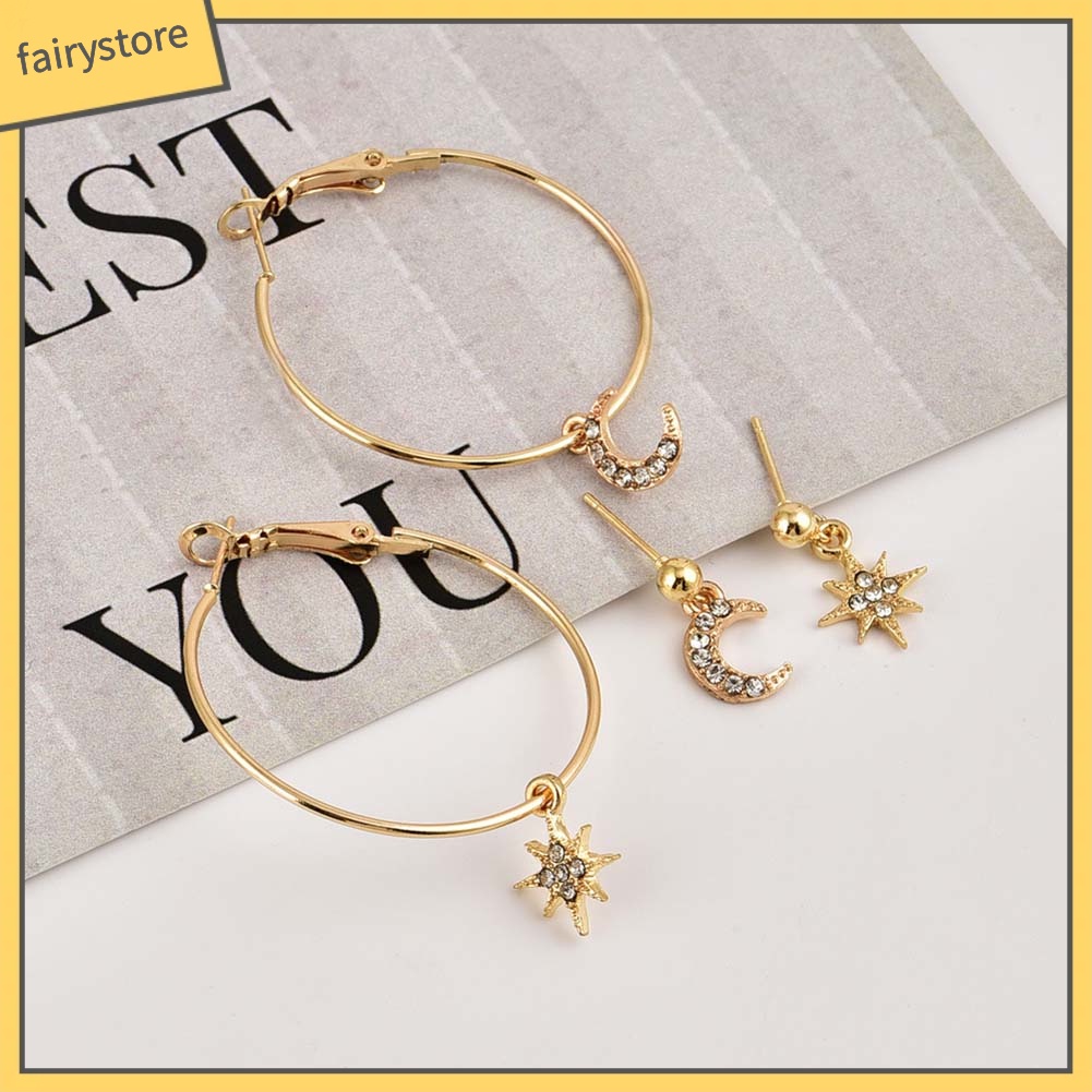 Set 4 Khuyên Tai Hình Trăng Sao Đính Đá Thời Trang Cho Nữ