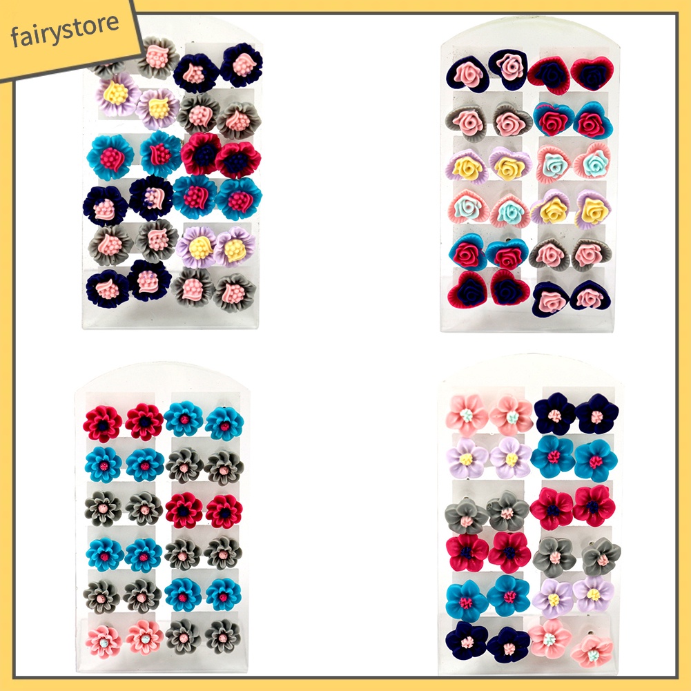 12 Đôi Bông Tai Hình Hoa Bằng Nhựa Nhiều Màu Thời Trang Dành Cho Nữ