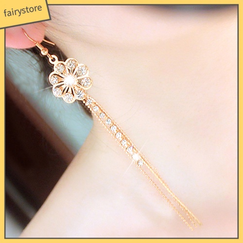 Bông Tai Dài Hình Hoa Đính Đá Dạng Móc Tua Rua Lấp Lánh Cho Nữ