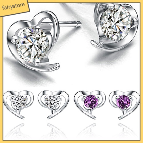 Bông Tai Mạ Bạc 925 Hình Trái Tim Đính Đá Thời Trang Dành Cho Nữ