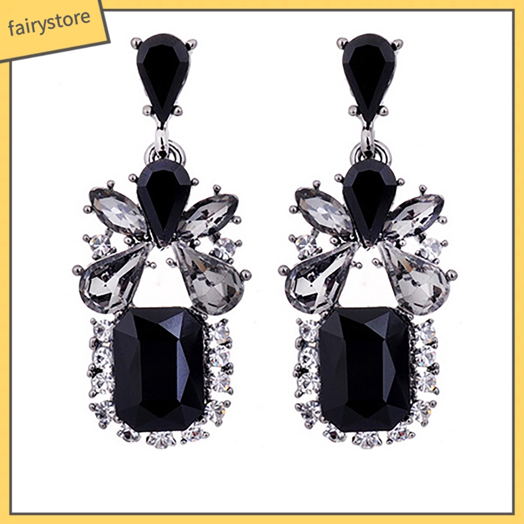 Bông Tai Hình Khối Vuông / Giọt Nước Đính Đá Zircon Màu Đen Phong Cách Vintage Dành Cho Nữ