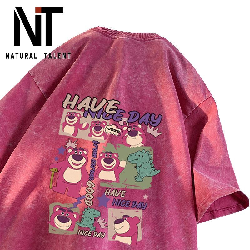 Áo Thun Cotton Tay Lỡ Dáng Rộng In Hình Gấu Dâu Tây Thời Trang Mùa Hè Cho Nam