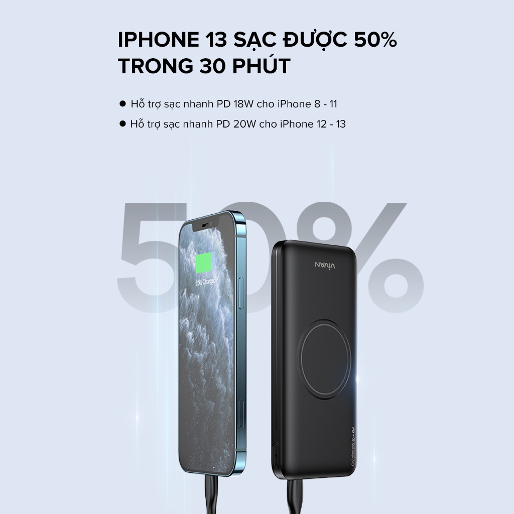 Pin Sạc Dự Phòng  Không Dây, Sạc Nhanh 10000 mAh 18W - VIVAN VPB-W11, 3 Output Chuẩn QC3.0 PD Hỗ trợ iphones 13