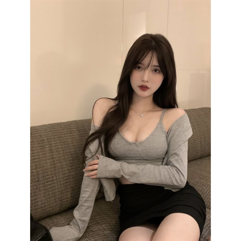 Set Áo Hai Dây Dáng Ngắn Kèm Áo Khoác Cardigan Và Chân Váy Phong Cách Hàn Quốc Thời Trang Mùa Hè Quyến Rũ Cho Nữ