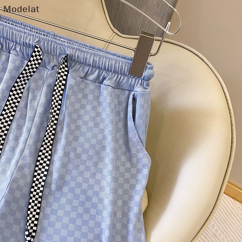 Mfc Quần Short Thể Thao Dài Đến Đầu Gối Lưng Thun Lạnh Kẻ Sọc Caro Thời Trang Đường Phố Mùa Hè Cho Nữ WTD