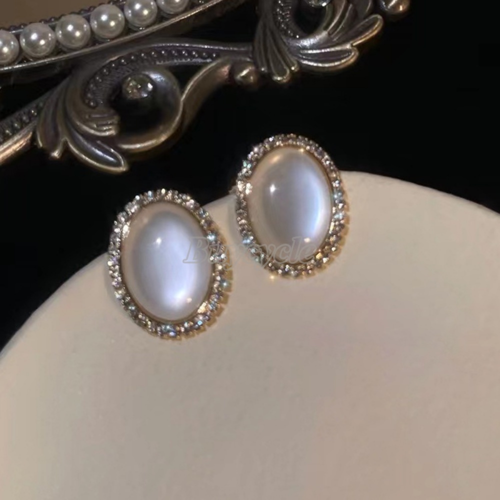 Khuyên Tai Đính Đá Mắt Mèo Hình Oval Phong Cách Vintage Thời Trang