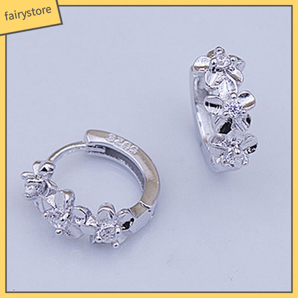 Bông Tai Mạ Bạc 925 Hình Hoa Đính Đá Ngọt Ngào Hoops