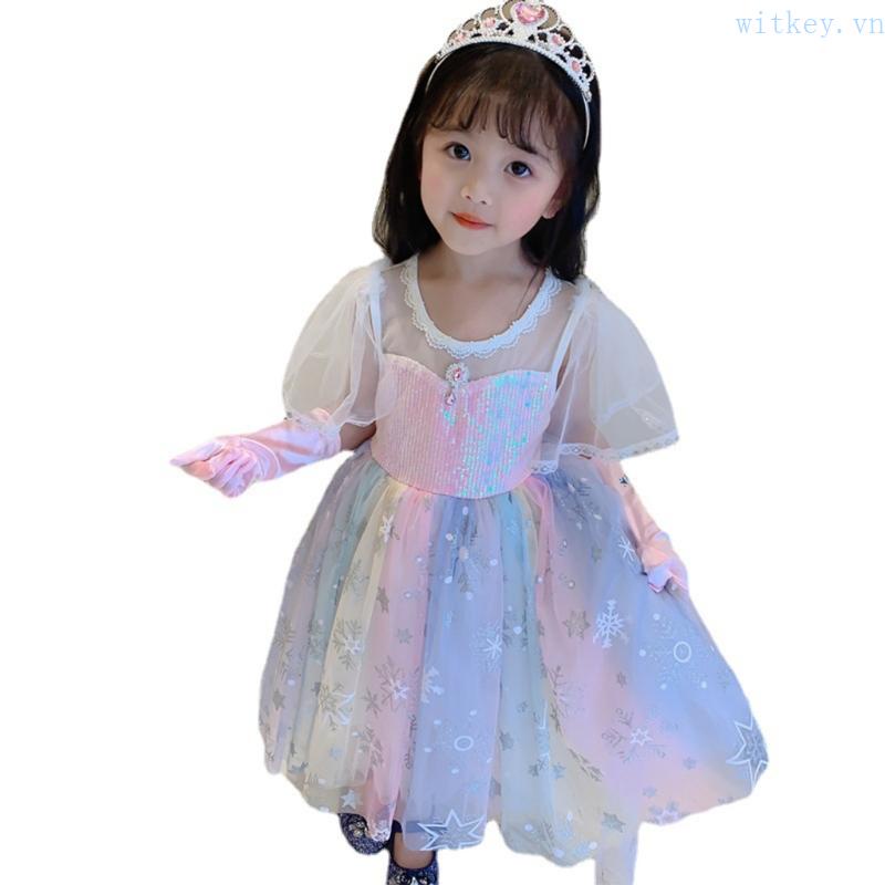 Đầm Công Chúa Tay Ngắn Đính Kim Sa Lấp Lánh Màu Cầu Vồng Xinh Xắn Cho Bé Gái
