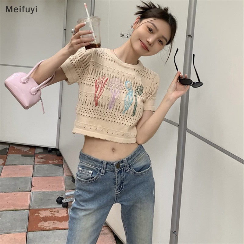 Áo Thun Dệt Kim Ngắn Tay Cổ Tròn Thêu Hoa Thời Trang Mùa Hè Vintage Cho Nữ