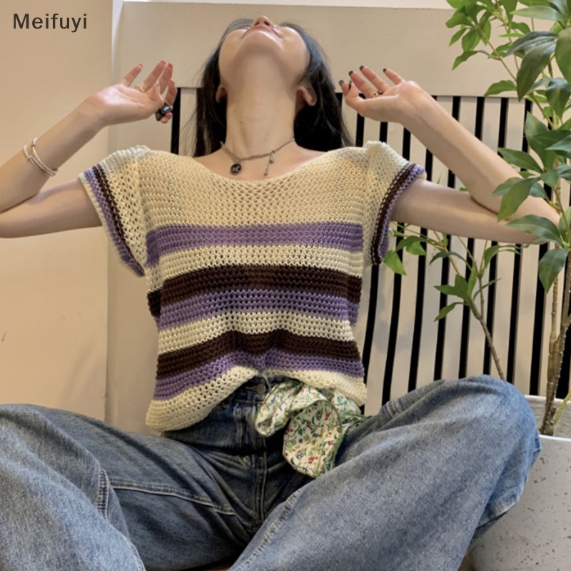 Áo Thun Dệt Kim Ngắn Tay Cổ Tròn Họa Tiết Kẻ Sọc Vintage Thời Trang Mùa Hè Cho Nữ