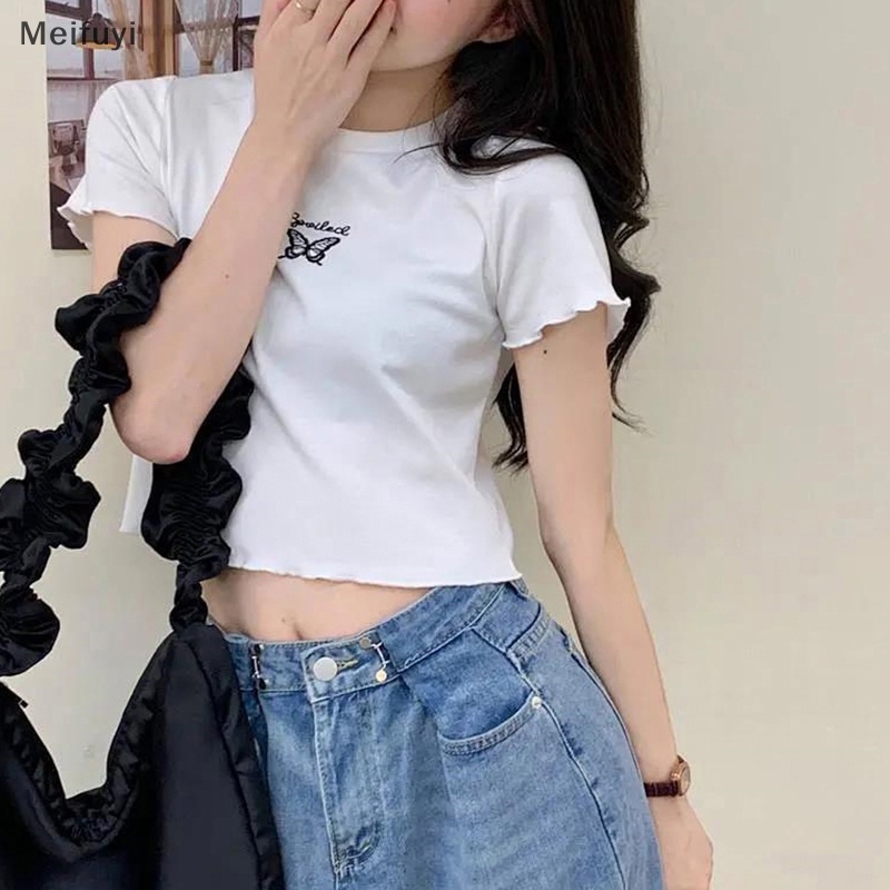 Áo Thun Croptop Tay Ngắn Cổ Tròn Thêu Hình Bướm Thời Trang Mùa Hè Dành Cho Nữ