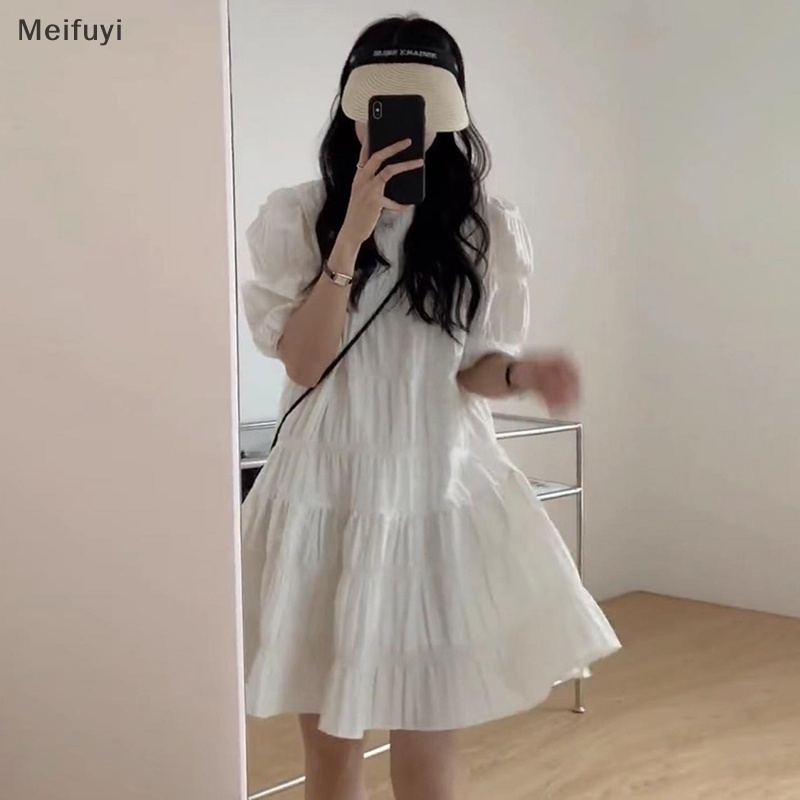 [Meifuyi] Đầm Dáng Chữ A Tay Phồng Xếp Ly Màu Trơn Phong Cách Preppy Ngọt Ngào Mùa Hè