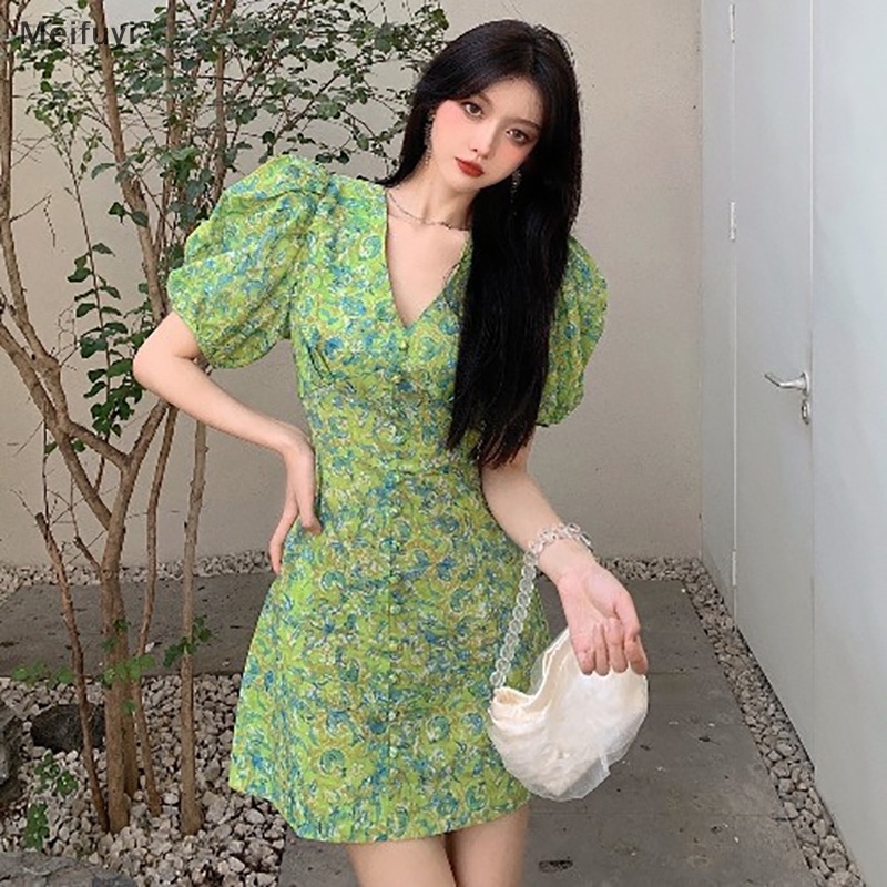 Đầm Mini Tay Phồng Cổ Chữ V In Hoa Thanh Lịch Thời Trang Đi Biển Mùa Hè Cho Bạn Gái