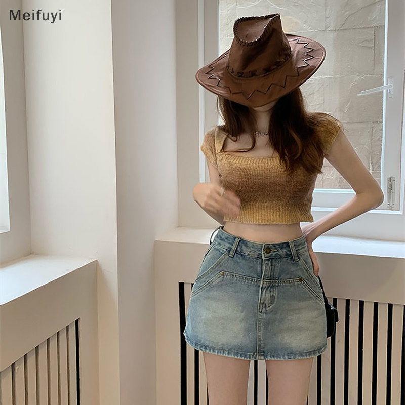 [Meifuyi] Chân váy jean Dáng Chữ A Lưng Cao Ôm Eo Vintage Mỹ Mùa Hè