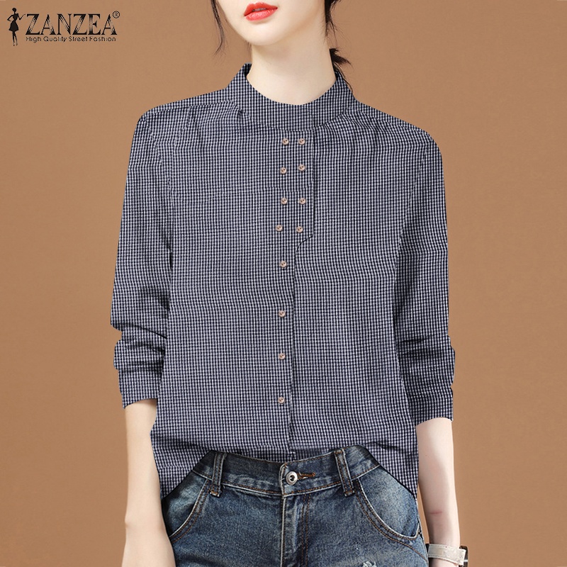 ZANZEA Áo Sơ Mi Nữ Tay Dài Cổ Đứng Họa Tiết Caro Thời Trang