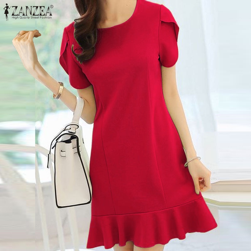 Đầm mini ZANZEA tay ngắn cổ tròn màu trơn phong cách Hàn Quốc thời trang cho nữ