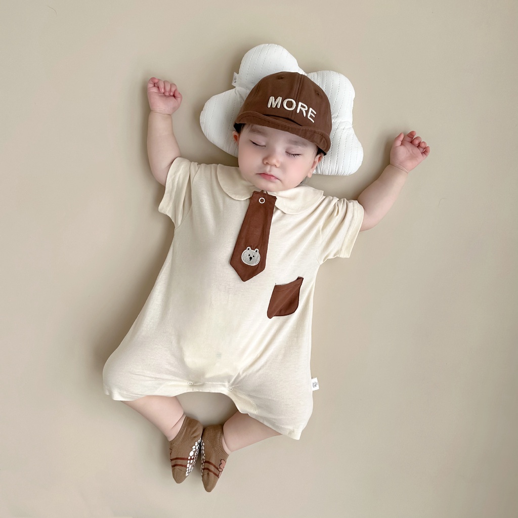 Áo Liền Quần Bằng Cotton Tay Ngắn In Hình Gấu Teddy Hoạt Hình Dành Cho Bé Trai Gái 0-24 Tháng Tuổi