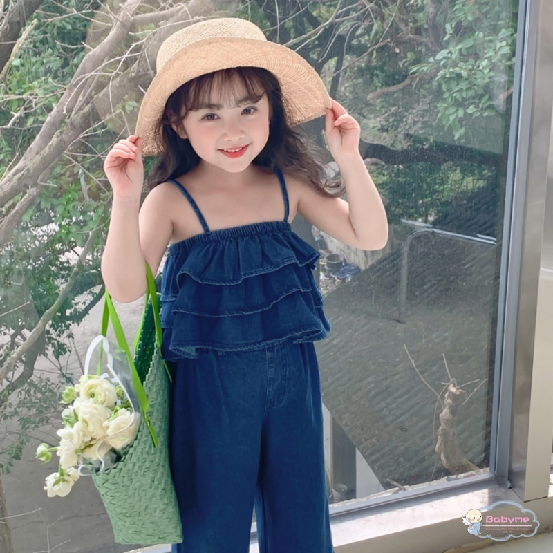 Set Đồ Mùa Hè 2 Món Gồm Áo Hai Dây Dáng Rộng Và Quần Yếm denim Cho Bé Gái