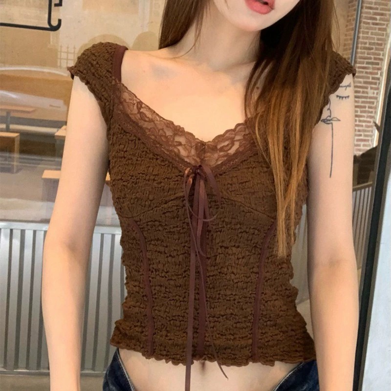 SUXI Áo Thun Sát Nách Cổ Chữ V Phối Ren Màu Sắc Thời Trang Mùa Hè Cho Nữ