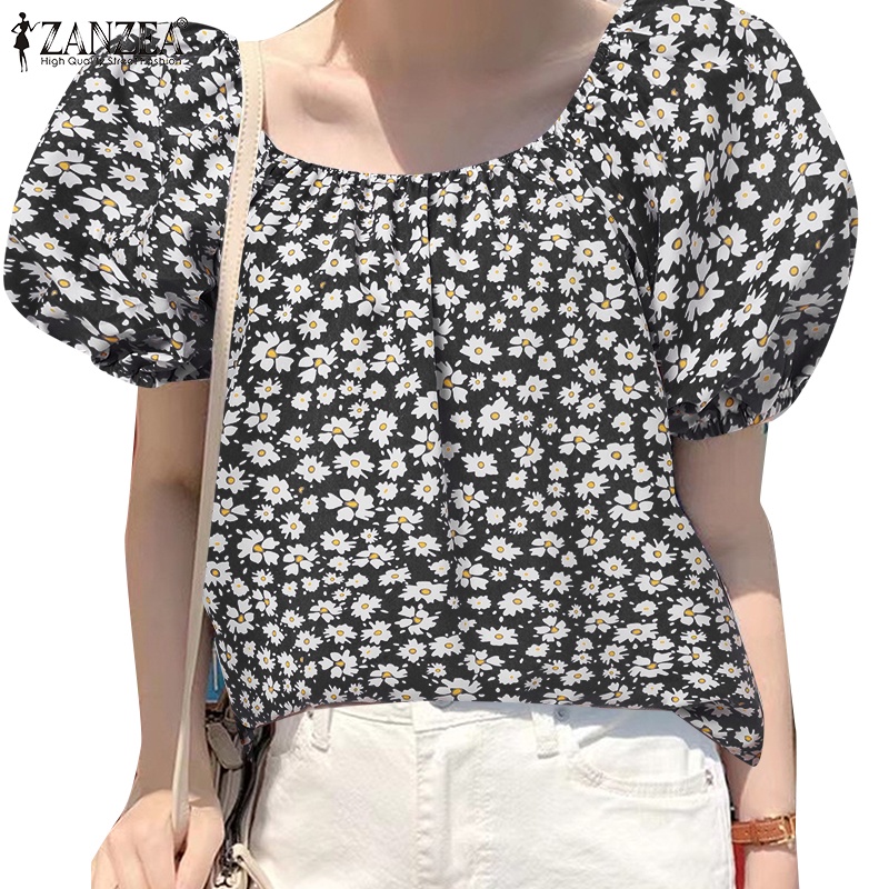 ZANZEA Áo Kiểu Tay Ngắn Phồng Cổ Tròn In Họa Tiết Hoa Thời Trang Hàn Quốc Cho Nữ