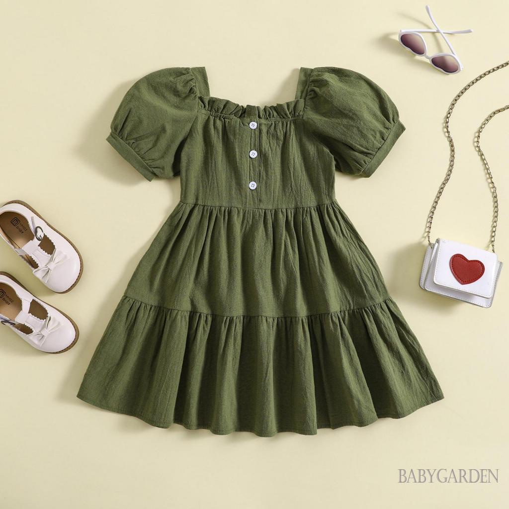 Đầm Tay Ngắn Cổ Vuông Màu Trơn Thời Trang Mùa Hè Xinh Xắn Cho Bé Gái Từ 3-8 Tuổi