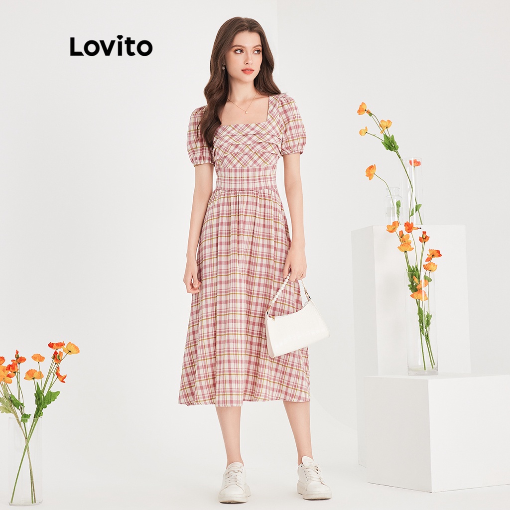 Đầm Lovito khóa kéo sau lưng tay phồng kiểu dạ hội xếp nếp kẻ sọc caro thường ngày cho nữ L51ED125 (Màu hồng)