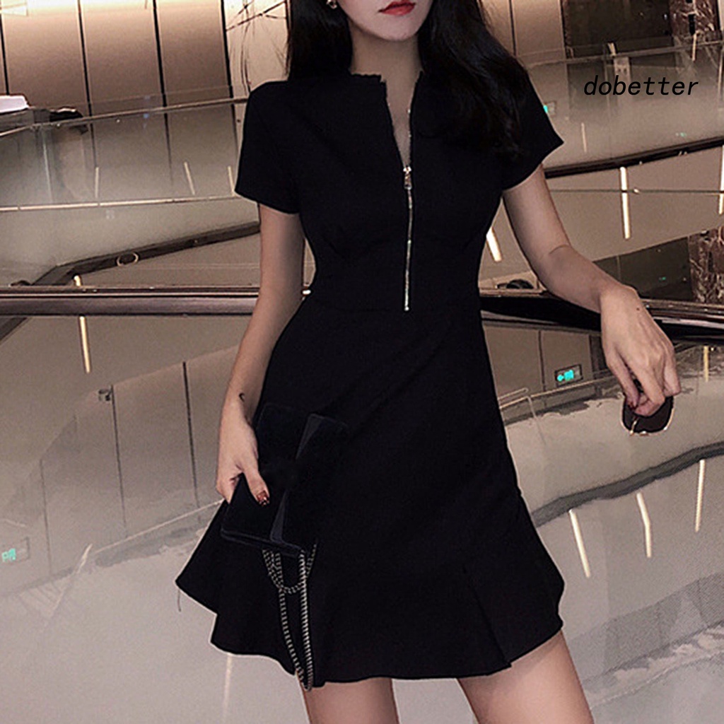 Đầm Đuôi Cá Ngắn Tay Dáng Chữ A Lưng Cao Phối Khóa Kéo Thời Trang Cho Nữ