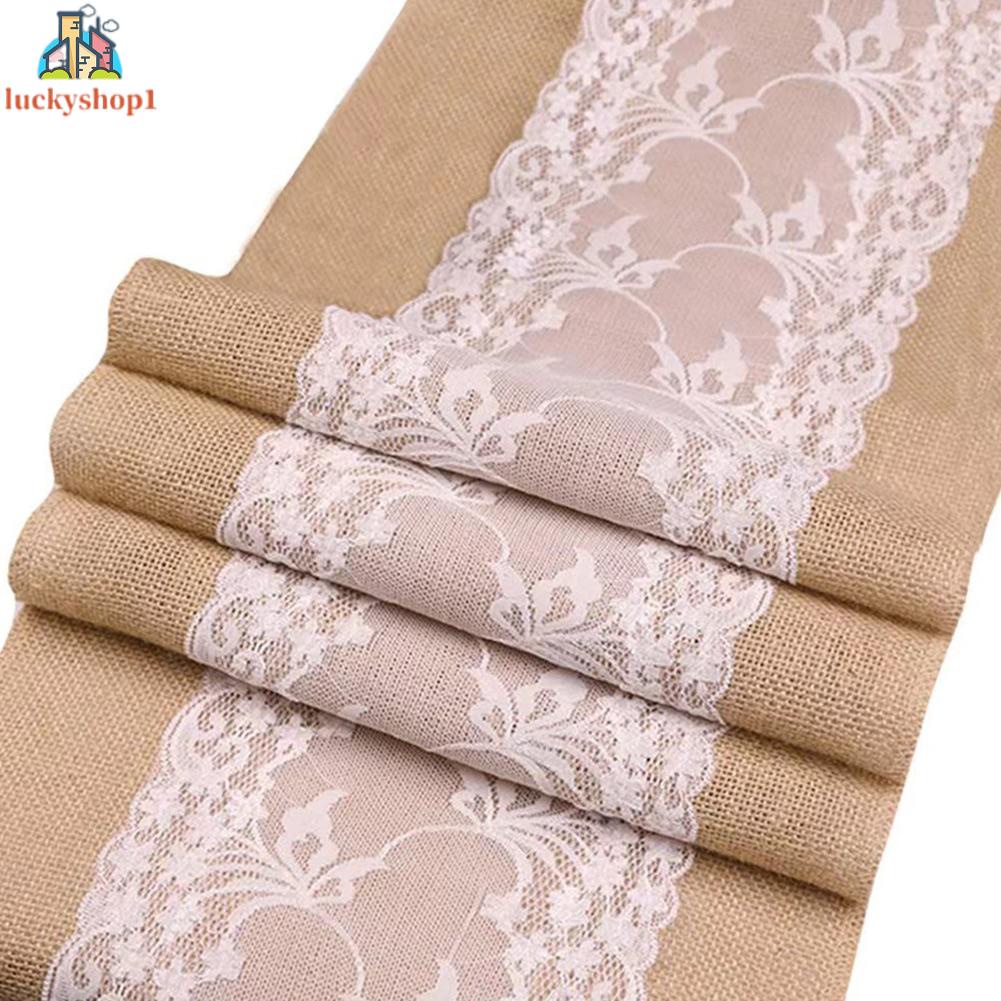 Khăn Trải Bàn Sợi Đay Phối Ren 30x275cm Trang Trí Bàn Ăn / Tiệc Cưới