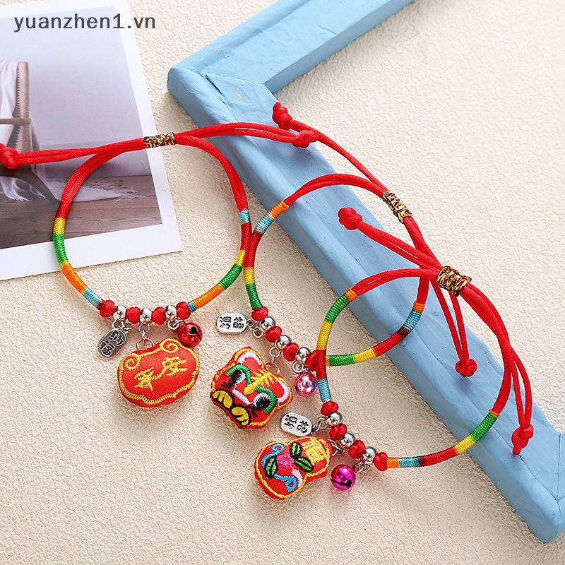 Vòng Tay Bện Dây Đính Chuông Nhỏ Thêu Hình Rồng Phong Cách Trung Hoa Cho Bé