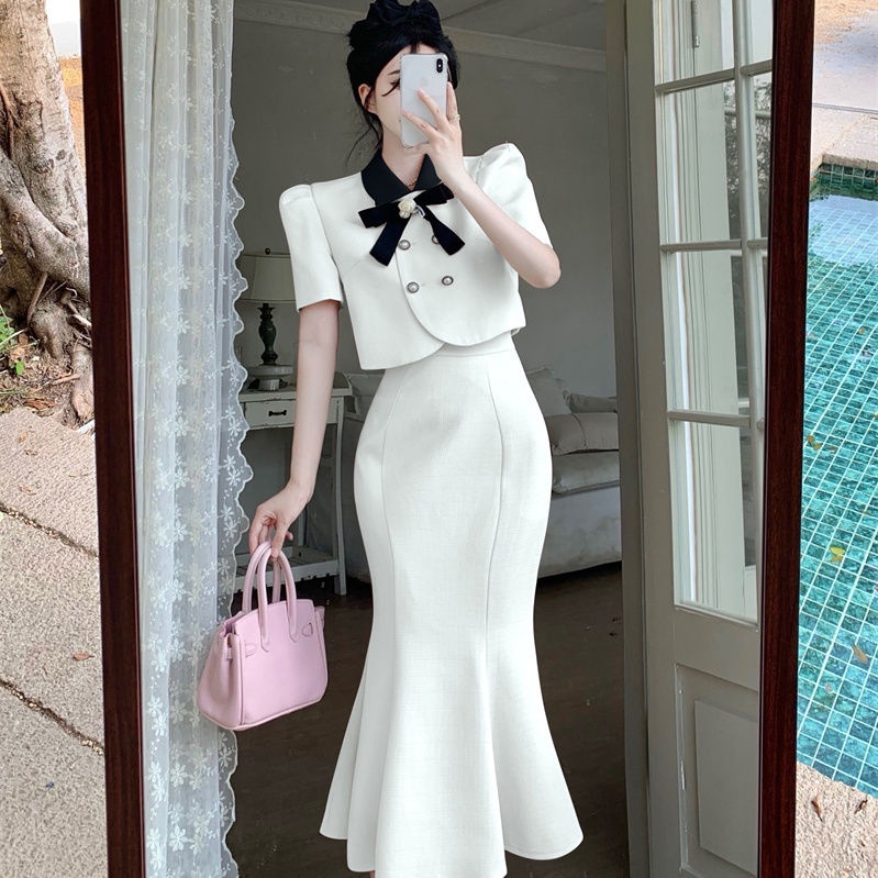Set Áo Đính Nơ Và Chân Váy Đuôi Cá Lưng Cao Thời Trang Cho Nữ