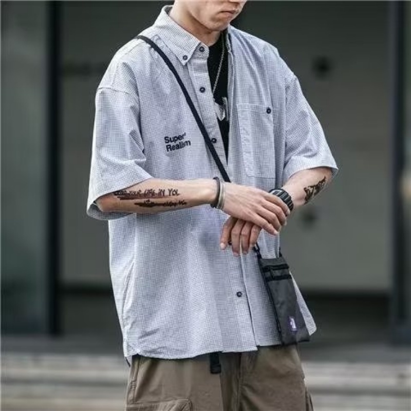 Áo Sơ Mi Tay Ngắn Dáng Rộng Họa Tiết Sọc Caro In Chữ Phong Cách Đường Phố Thời Trang Mùa Hè