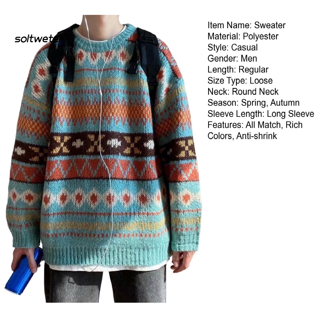 Áo Sweater Cổ Tròn Tay Dài Dáng Rộng In Họa Tiết Hình Học Dày Dặn Giữ Ấm Co Giãn Thời Trang Mùa Thu Cho Nam