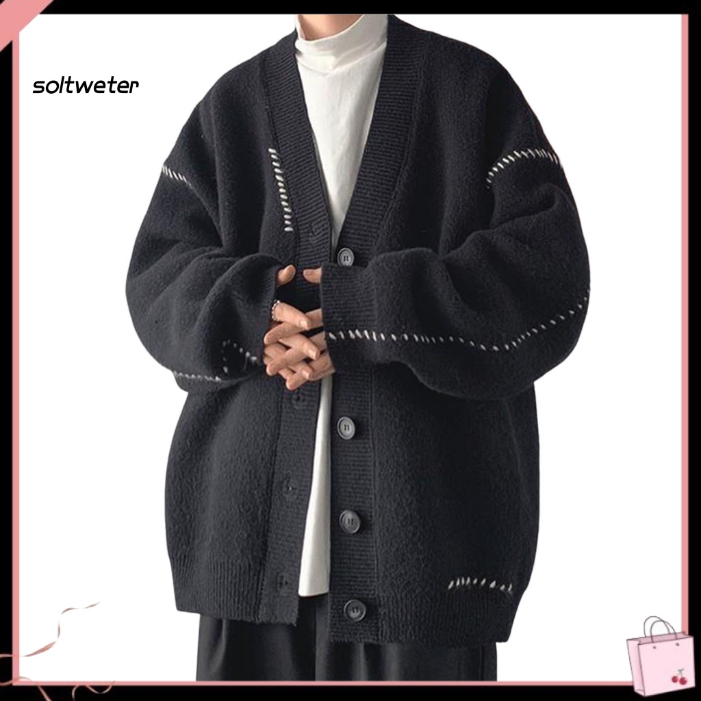 Áo Khoác Cardigan Dệt Kim Tay Dài Màu Trơn Cổ Chữ V Giữ Ấm Mùa Đông Cho Nam