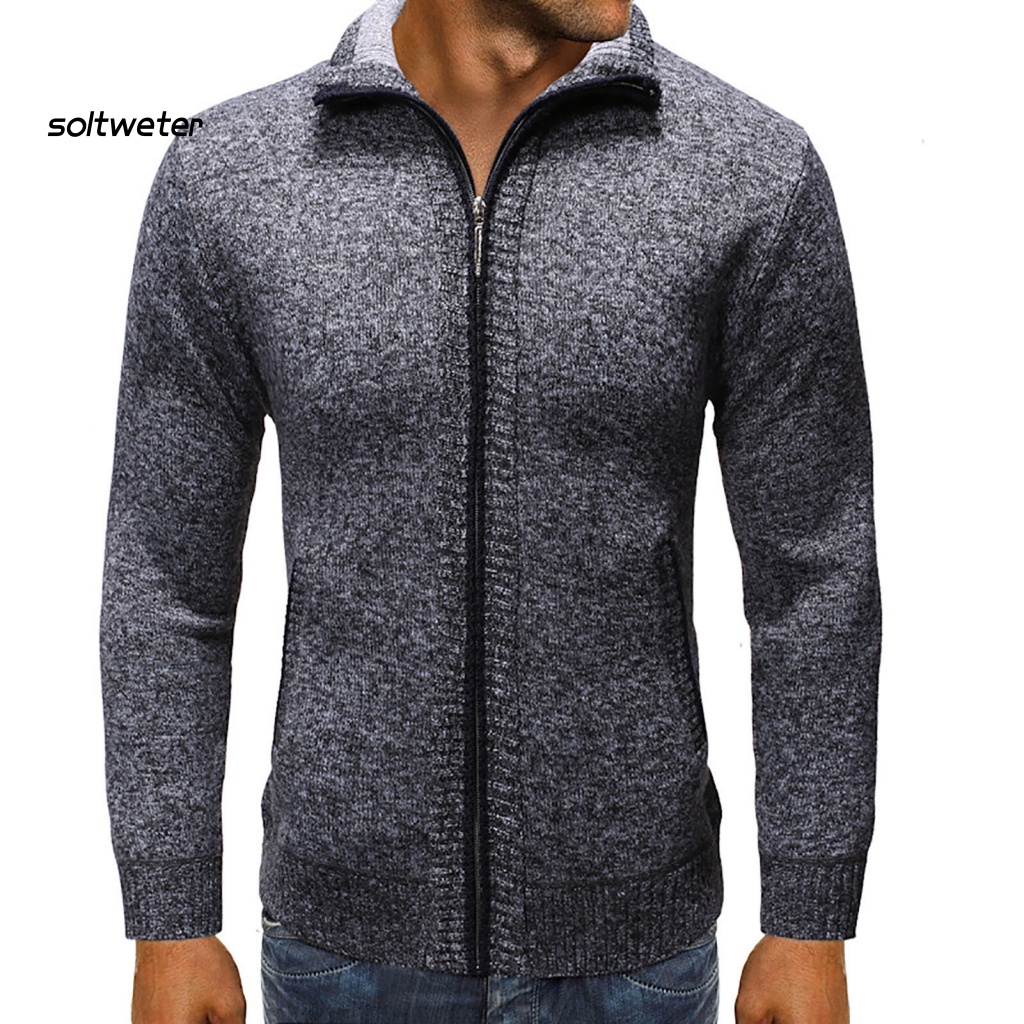 Áo Khoác Cardigan Dệt Kim Tay Dài Hai Túi Mềm Mại Cổ Đứng Cài Khóa Kéo