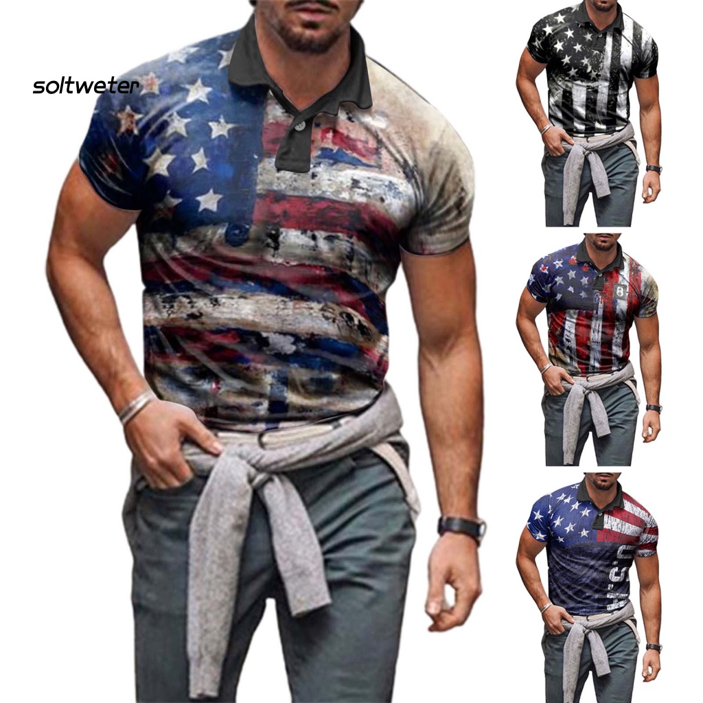 Áo Thun In Hình Cờ Mỹ Phối Nút Thời Trang Mùa Hè Cho Nam