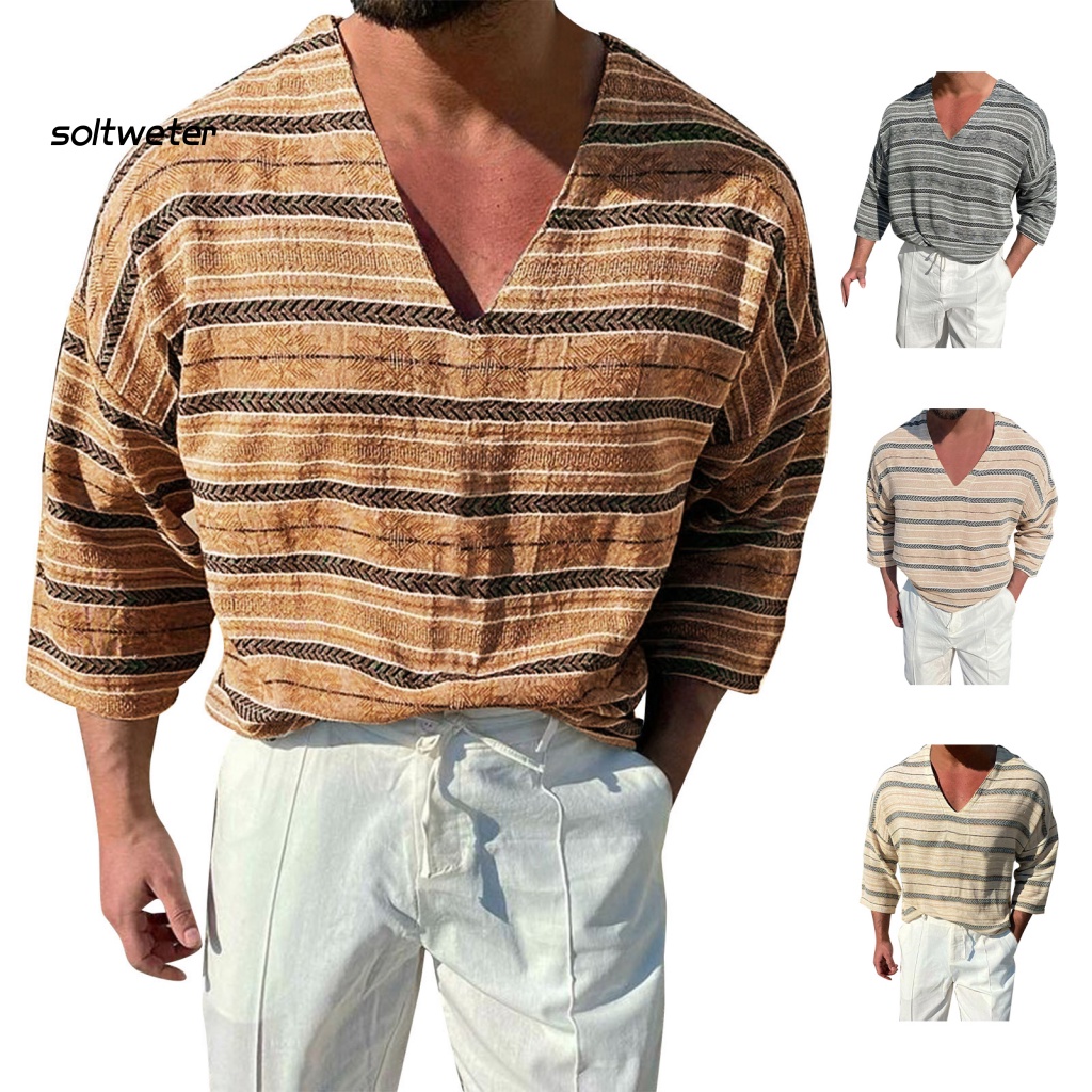 Áo Thun Tay Lửng Cổ Chữ V Họa Tiết Kẻ Sọc Đơn Giản Nhẹ Nhàng Thoải Mái Cho Nam