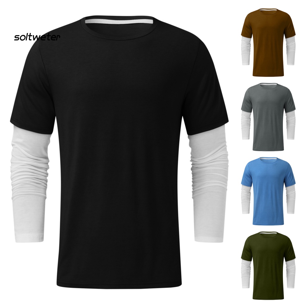 Áo nam Dài Tay Cổ Tròn Giả Hai Lớp Mềm Mại Màu Tương Phản Phong Cách Mùa Thu