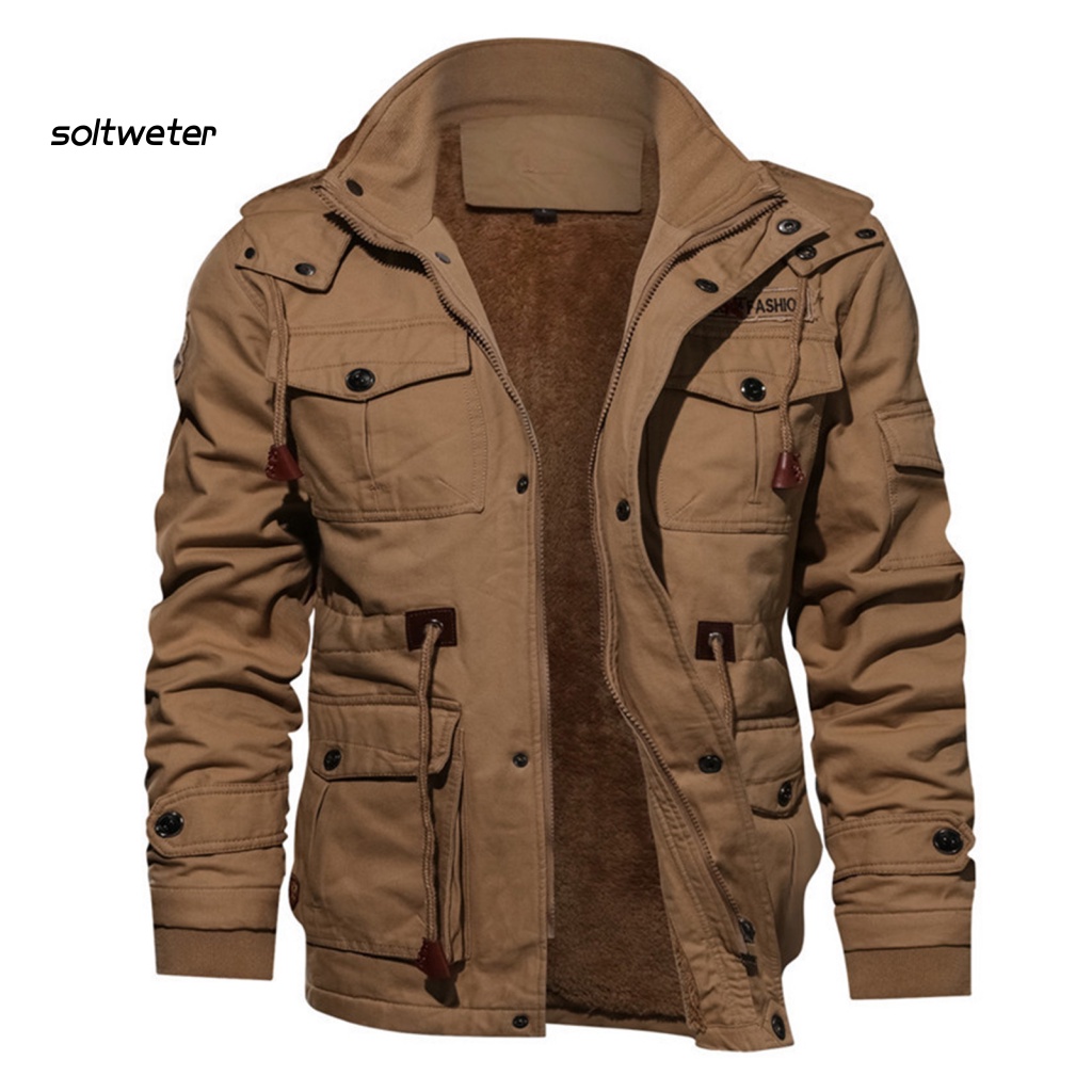 Áo Khoác Phao Lót Lông Nhiều Túi Cổ Đứng Chống Gió Có Khóa Kéo Thời Trang Mùa Đông Cho Nam