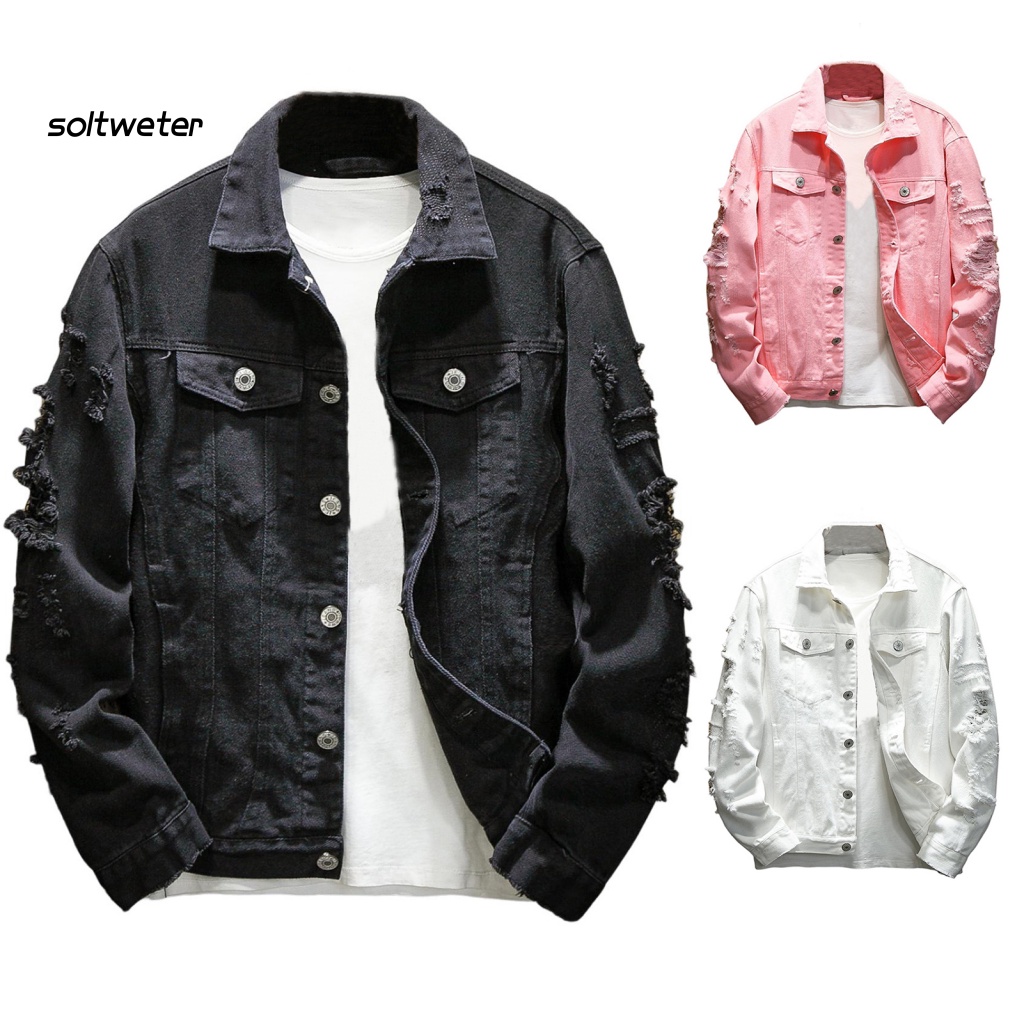 Áo Khoác Jean Rách Cổ Bẻ Màu Sắc Trơn Dáng Rộng Thời Trang Thu Đông