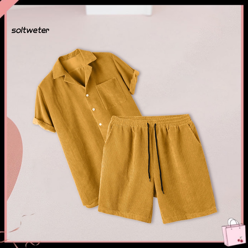 1 Bộ Đồ Thể Thao Áo Sơ Mi Tay Ngắn Màu Trơn Cài Một Hàng Khuy + Quần Short Vải Nhung Kẻ Dáng Rộng Thời Trang