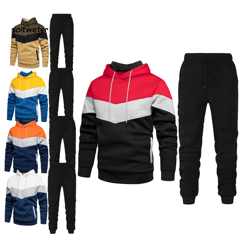 Set Áo Hoodie Dài Tay + Quần Dài Lưng Thun Phối Màu Sắc Thời Trang Đường Phố Cho Nam