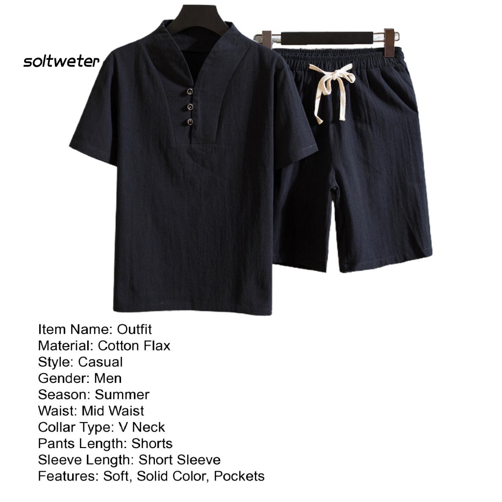 1 Bộ Áo Thun Cổ Chữ V Màu Trơn Cài Nút + Quần Short Phong Cách Trung Hoa Thời Trang Mùa Hè Cho Nam