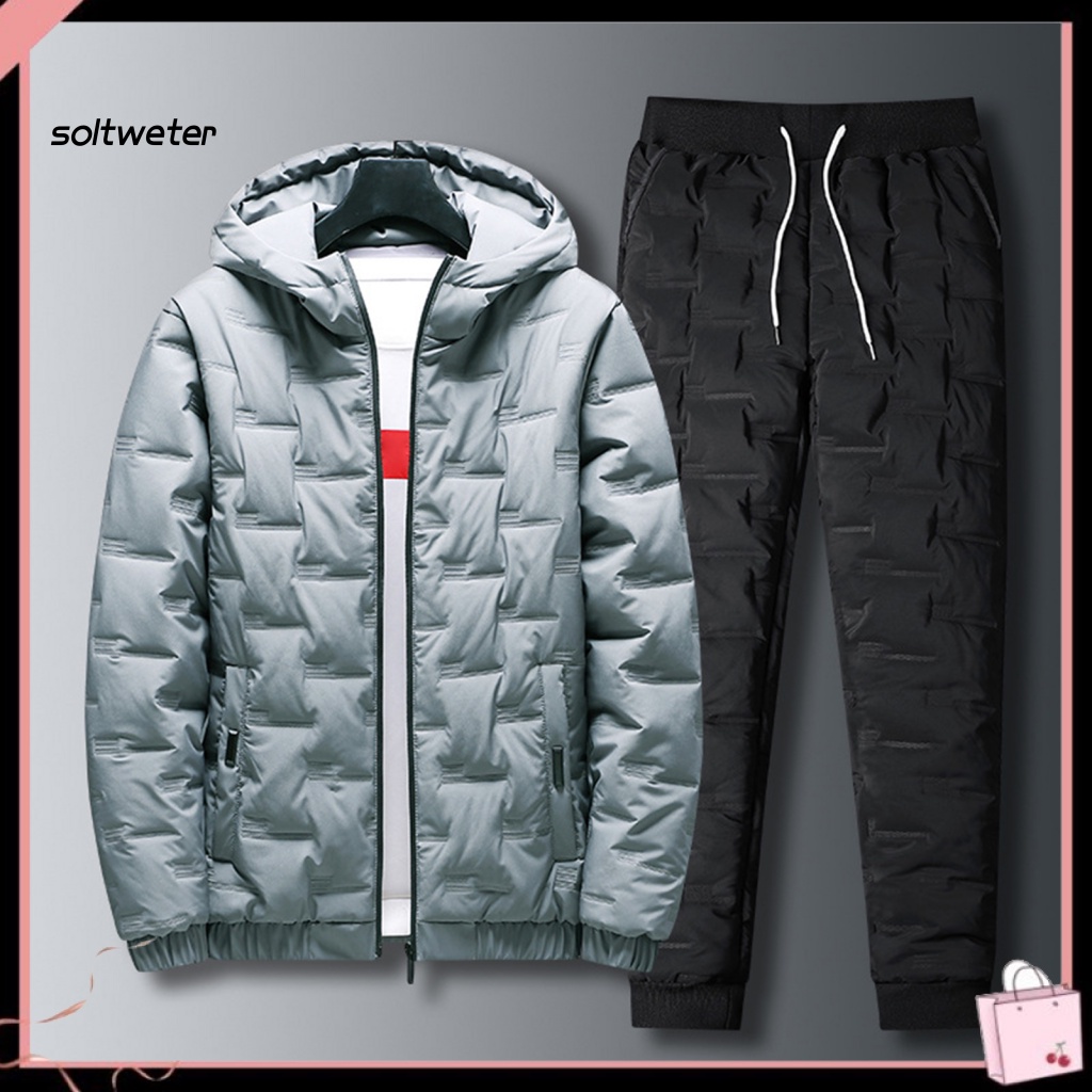 1 Bộ Áo Khoác Màu Trơn Lưng Thun + Quần Dài Giữ Ấm Mùa Đông Cỡ Lớn Thời Trang Cho Nam